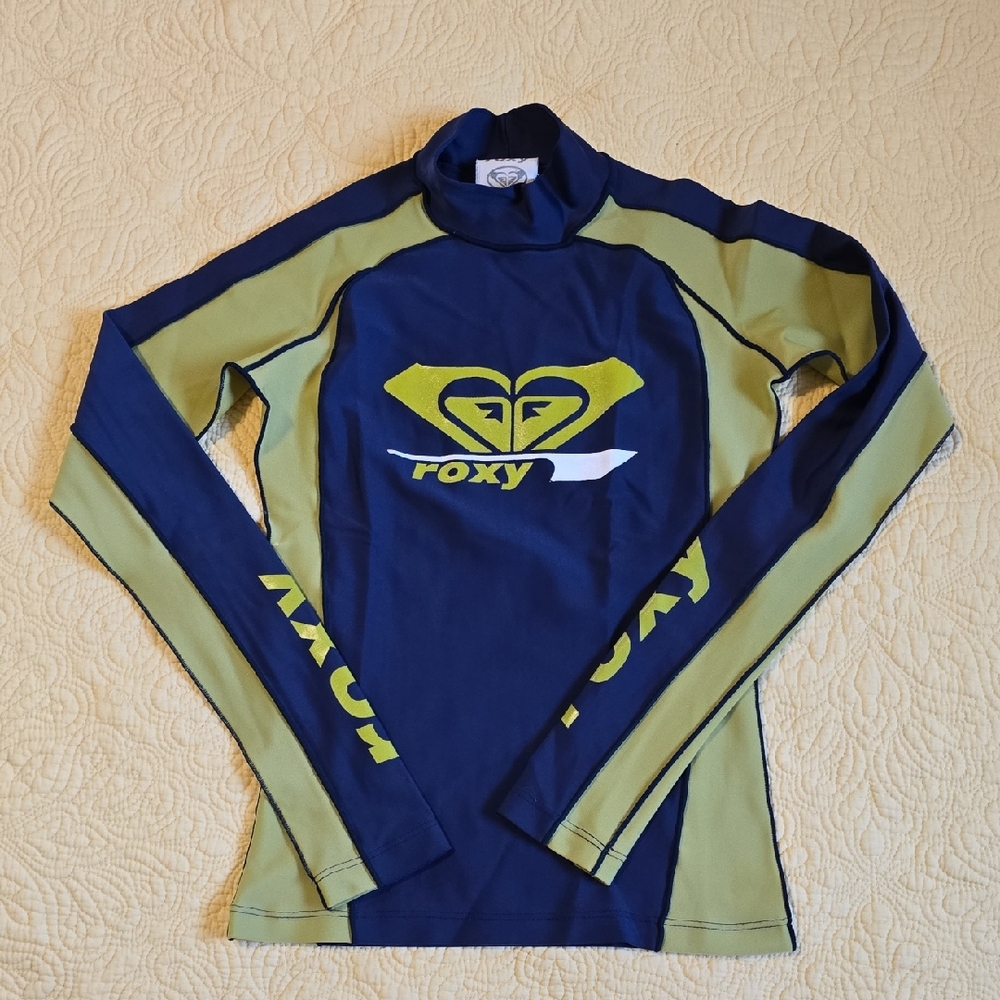 Roxy Navy & Lime Green Logo Long Sleeve Rash Guard